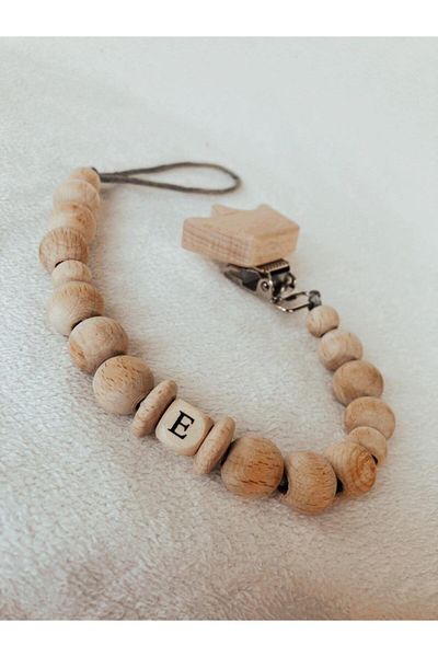 CEBECİ TİCARET Natural Wooden Pacifier Chain with Letters - Pacifier Hanger - Baby Gift