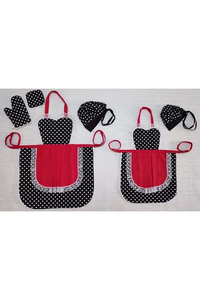MoT Dekor Mother Girl Kitchen Apron Holder Gloves Bonnet Red Black Polka Dot Set Princess Series
