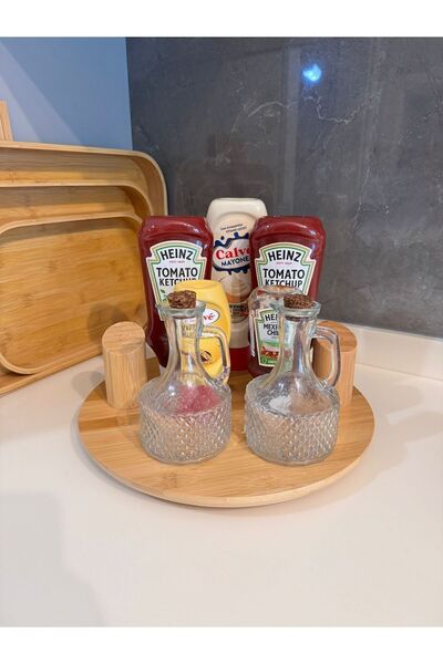 Janset Bamboo Rotating Presentation Holder 36 cm 2 Pieces Cheese Plate Pizza Presentation Presentation Tray Sauce Bowl