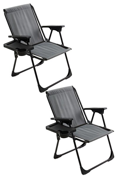 moniev Natura 2 Adet Kamp Sandalyesi Katlanır Piknik Sandalye Dikdörtgen Bardaklıklı Gri