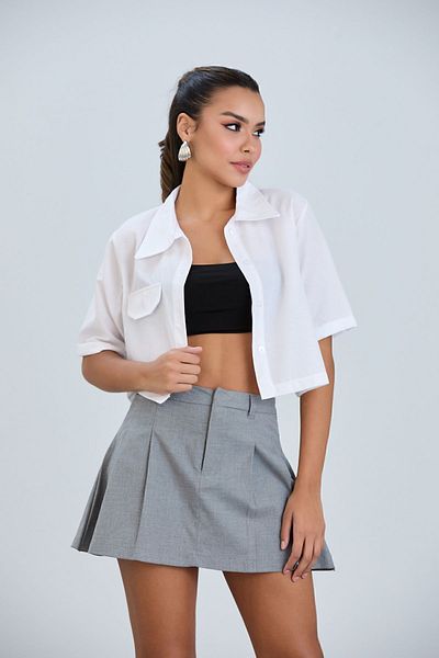 Space Fashion Women's White Crop Terikoton Fabric Buttoned Covered Shirt