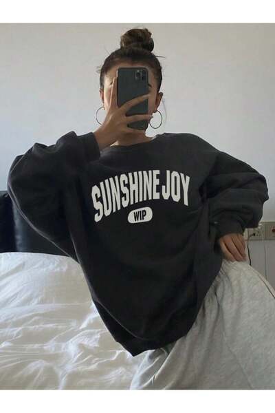 MODARİCH Hanorac oversize Sunshine Joy - negru, cu guler rotund