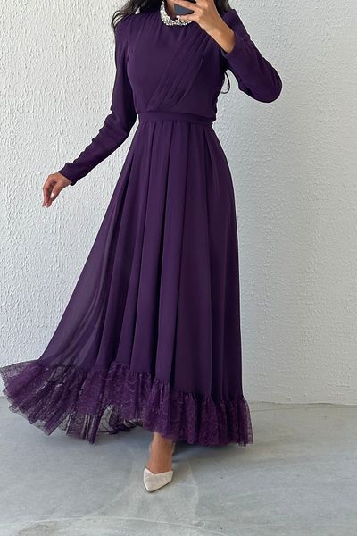 LEYUZE BUTİK Purple Chiffon Hijab Evening Dress - Lace Skirt and Stone DeTail