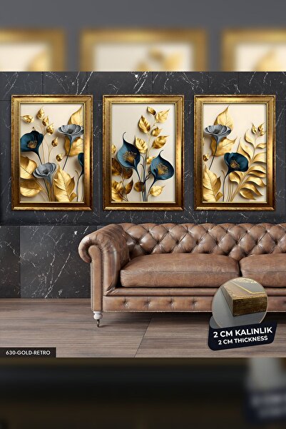 Evinemoda Zarif Altın Ve Mavi Çiçekler 3 Parça Gold Retro Çerçeveli Tablo Cvplk