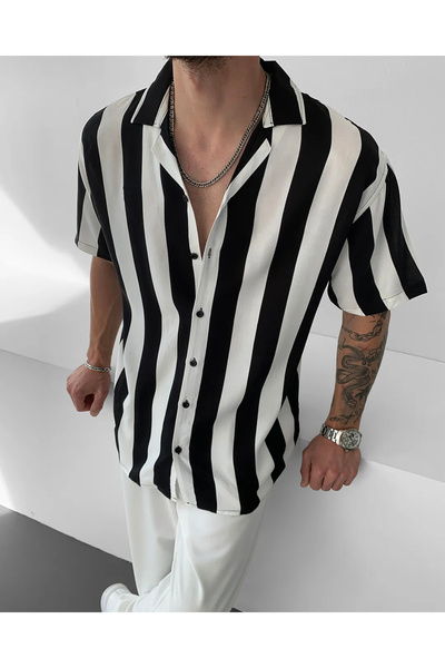 NO1 KONSEPT Βισκόζη κοντομάνικο μαύρο λευκό ριγέ πουκάμισο