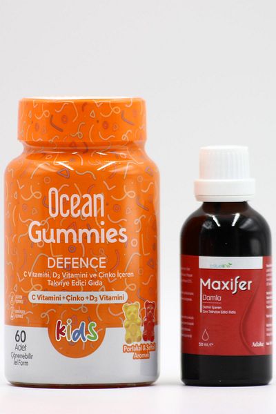 Ocean Gummies Defense Kids - 60 Gel Tablets - Maxifer Drops 50 mL - Iron Supplement with Natural Grapes and Molasses