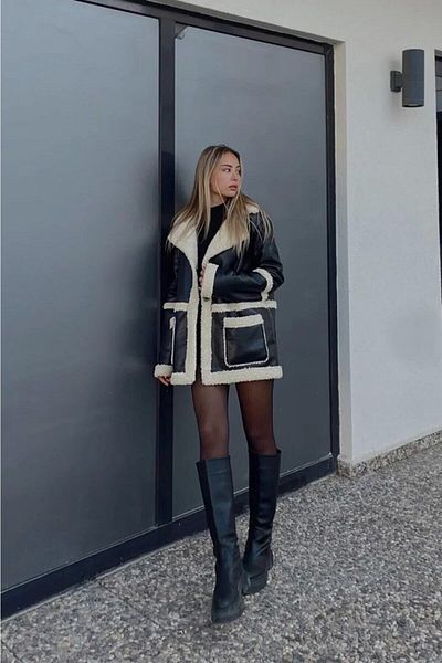 ZF BUTİK Schwarze pelzige Lederjacke für Damen – Zweireihiger Mantel mit Kragen