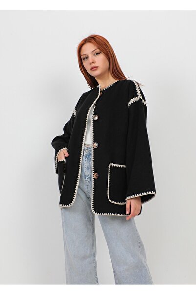 ZF BUTİK Παλτό Stamp - Γυναικείο Μπουφάν Μαύρο Κεντημένο και Κασκόλ