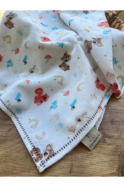 Fox&Sky 100% Organic Cotton Embroidered Baby Flannel Blanket |   80X120 cm Multi-Purpose Cover – White/Brown