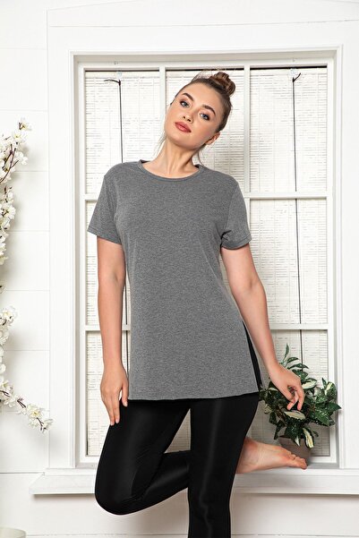 MyBen Kadın Antrasit Kısa Kol Pamuklu Bisiklet Yaka Yırtmaç Detaylı Penye Tunik-içlik Slm07