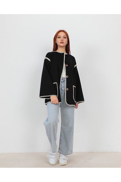 ZF BUTİK Stamp Coat - Schwarze bestickte Damenjacke mit Schal