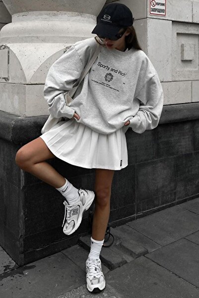 MODARİCH Sporty And Rich Sweatshirt - Gri Baskılı Oversize Şardonlu Bisiklet ...
