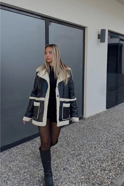 ZF BUTİK Schwarze pelzige Lederjacke für Damen – Zweireihiger Mantel mit Kragen