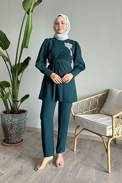 InStyle بدلة مزدوجة نصف مجمعة باللون الأخضر البترولي