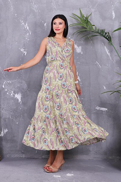 ZEYWEAR Kruvaze Yaka Şal Desen Pamuklu Elbise