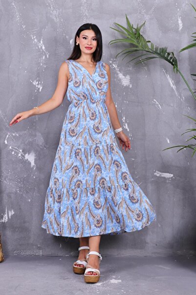 ZEYWEAR Kruvaze Yaka Şal Desen Pamuklu Elbise