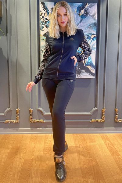 RICH GLAM Γυναικεία αθλητική φόρμα Navy Blue με πέτρινα μανίκια και φερμουάρ