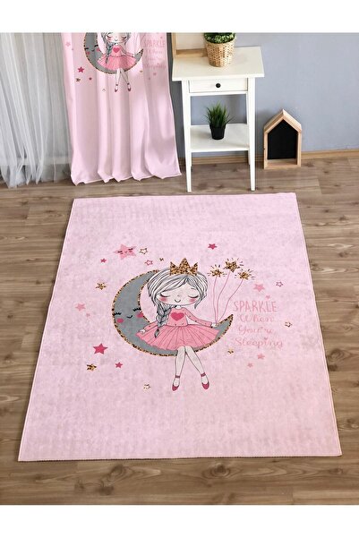 Evmila Pembe Ay Kız Desenli Baskılı 7mm Kalınlıkta Çocuk Halısı