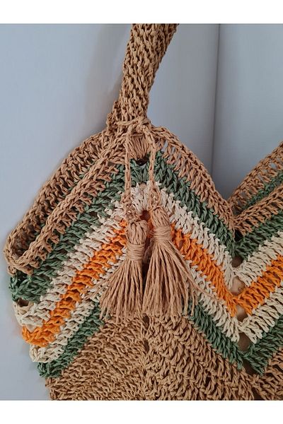 Verda Desing Tasseled Straw Colored Medium Size Handle Beach Bag Hand Knitted