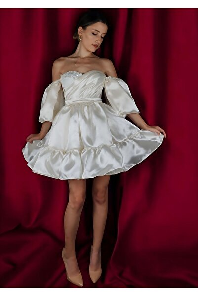 DADUCOLLECTİON Beyaz mini kabarık elbise