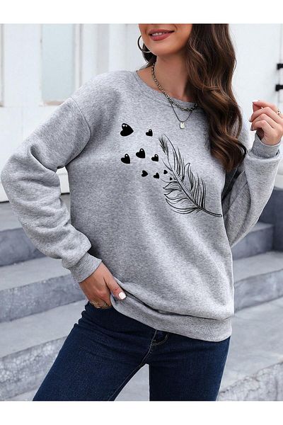 MODARİCH Γκρι φούτερ με σχέδιο Oversize Feather - Heart Crew Neck