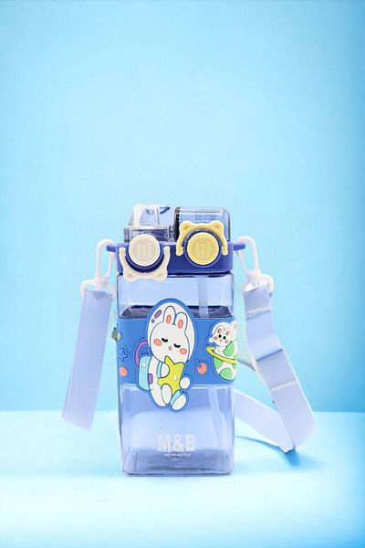 EyER Shoping Cute Blue Water Bottle with Strap and Straw - Double Drinking