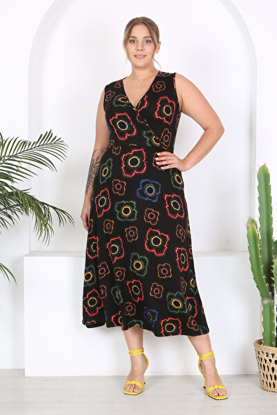 Madwilo Plus Size Women's Dress - Black Neon Flower Pattern, Maxi Length, Double Breasted Collar, Sleeveless