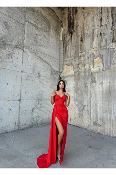 Mekafashion Fulya Straplez Yırtmaçlı Abiye 582467 KIRMIZI