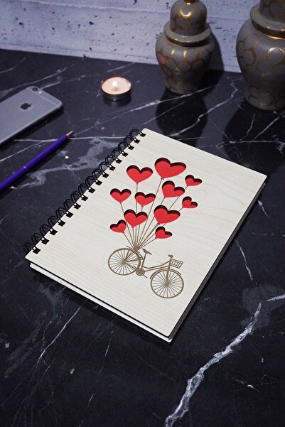 markcat دفتر ملاحظات خشبي منقوش بالبالون مع دراجة - يوميات - دفتر ملاحظات مدر...