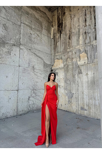 Mekafashion Fulya Straplez Yırtmaçlı Abiye 582467 KIRMIZI