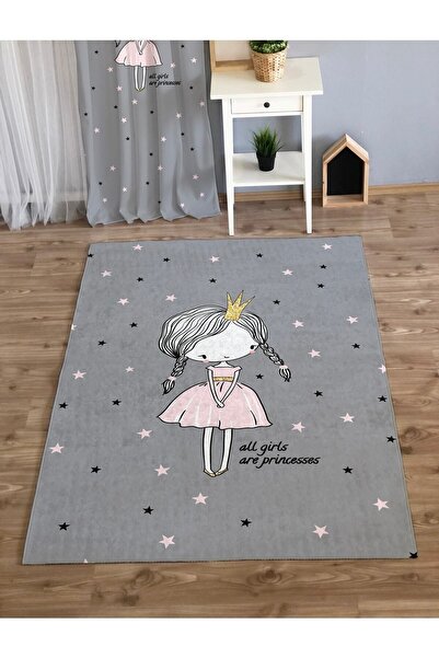 Evmila Gri Prenses Taçlı Kız Baskı Kalın 7 mm Halı Modeli