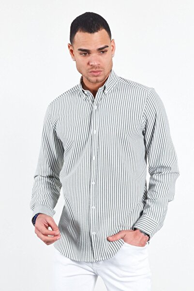 Manche Ανδρικό ριγέ πουκάμισο χακί - Seersucker Me23s 112237