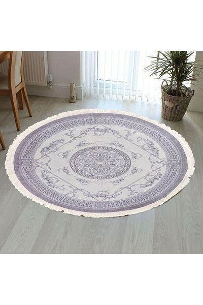 In House Velvet Turkish Round Decorative Carpet -Grey - 120x120 cm