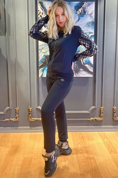 RICH GLAM Γυναικεία αθλητική φόρμα Navy Blue με πέτρινα μανίκια και φερμουάρ
