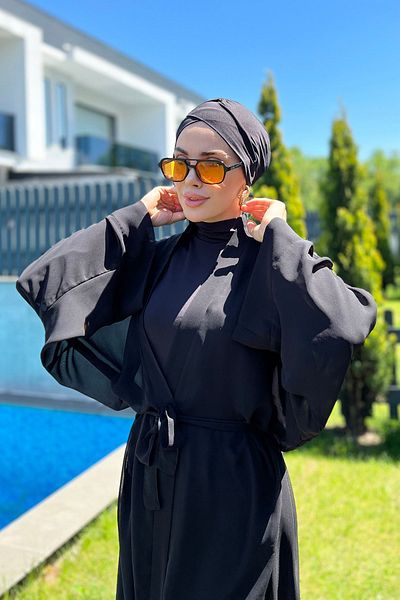 Remsa Mayo Hatice Rp004 - Plain Black Hijab Swimsuit, Single Caftan Kimono Pareo