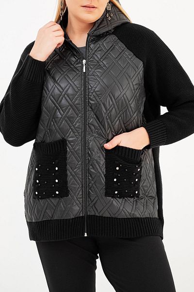 EVEN plus size Black Quilted Hooded Large Size Jacket