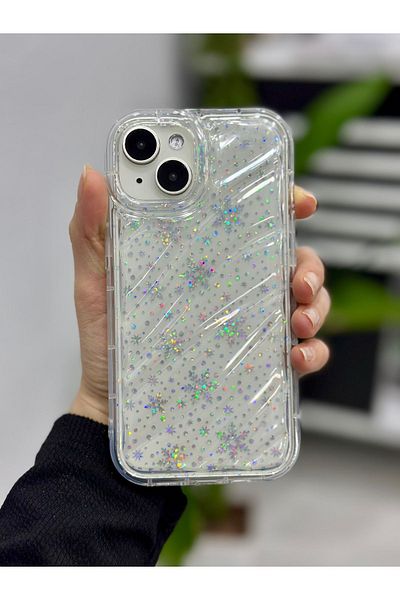 Go Aksesuar 3D Embossed Snow Hologram Transparent Silicone Case Compatible with iPhone 13, 14 and 15