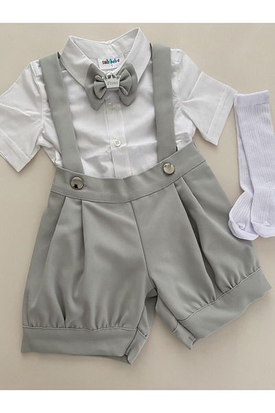 tubibebe liGht GrAy Shorts Salopet Shirt And Bow Tie Socks Set - Set of 4
