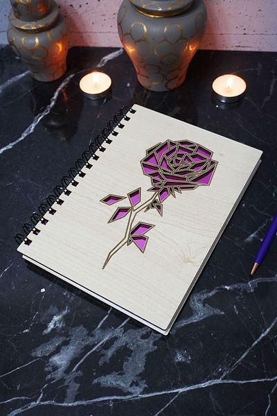markcat Rose PAtterned Wooden Cover - Unlined Notebook A5 DiAry-AGendA-Gift Dress for Memory