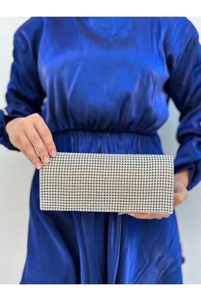 Sh Poly Γυναικείο βραδινό φόρεμα Clutch με λεπτομέρεια από ασημί πέτρα - Τσάντα χειρός, βραδινή και γαμήλια τσάντα