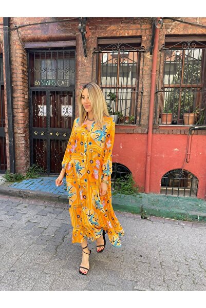 Natavan Cotton Summer Dress - Orange, Patterned, Shirt Collar