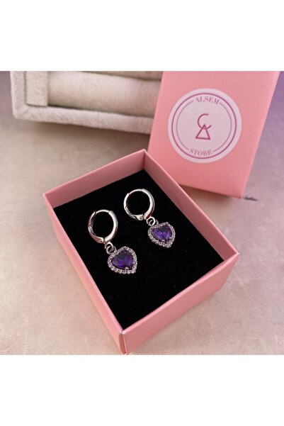 Alsem Gümüş Kaplama Mor/Pembe Kalp Taşlı Zirkon Hoop Küpe , Mor/Pembe Kalpli Hoop Küpe