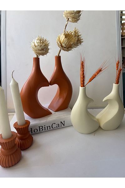 BLANJ Dear Brick-Cream Colored Heart Vase and Candle Holder Damask Set
