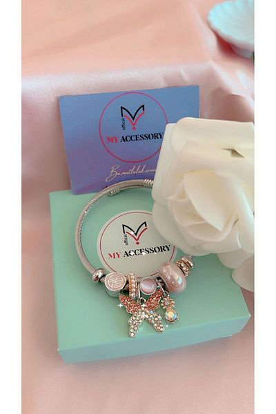 CLARİS Shiny Jewelled Butterfly Charm Steel Bracelet