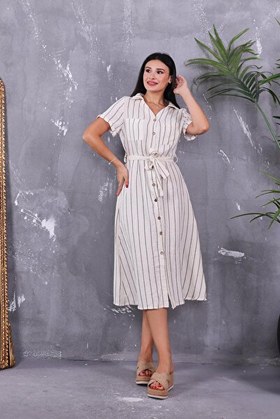 ZEYWEAR Müslin Kumaş Çizgili Gömlek Elbise