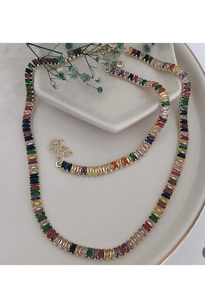 CLARİS Steel Baguette Stone Colorful Waterway Necklace