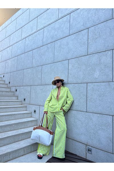 minaaise 100% Cotton Fat Green White Striped Elastic Waist Trousers - 27370