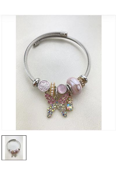 CLARİS Shiny Jewelled Butterfly Charm Steel Bracelet