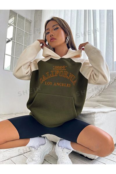 Benisengiydir Green Oversize Hooded Sweatshirt - California 1994 Printed Pieced