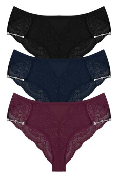 Cottonhill Large Size Transparent Lace Bikini Briefs - Chain Detailed, 3-pack
